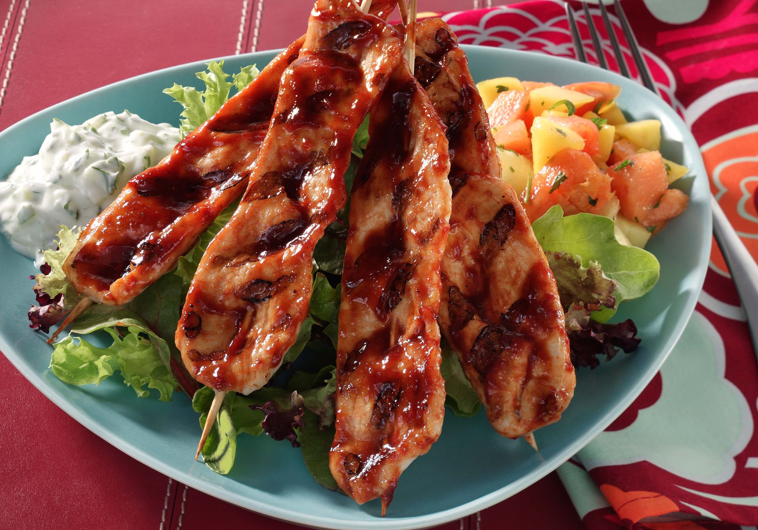 BBQ Turkey Skewers with Cucumber Mint Dressing and Tropical Fruit Salad Recipe - National Turkey Fed