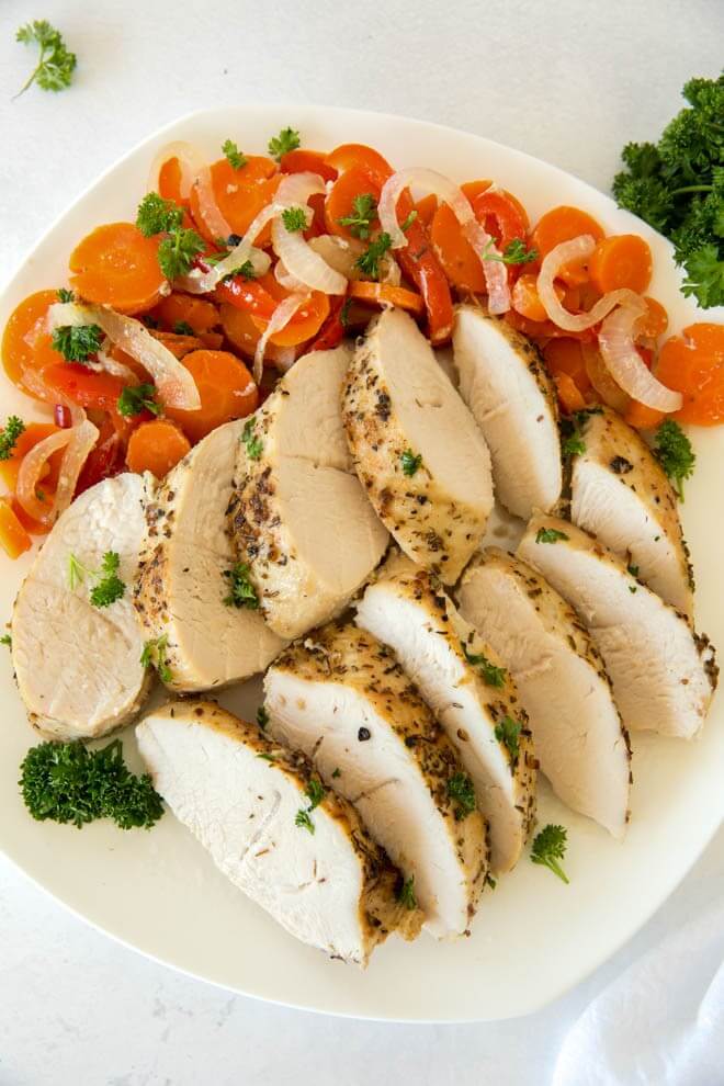 Sliced seasoned turkey tenderloin with vegetables