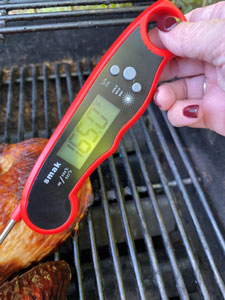 A thermometer inserted into thickest part of a turkey thigh, indicating an internal temperature of 165 degrees F