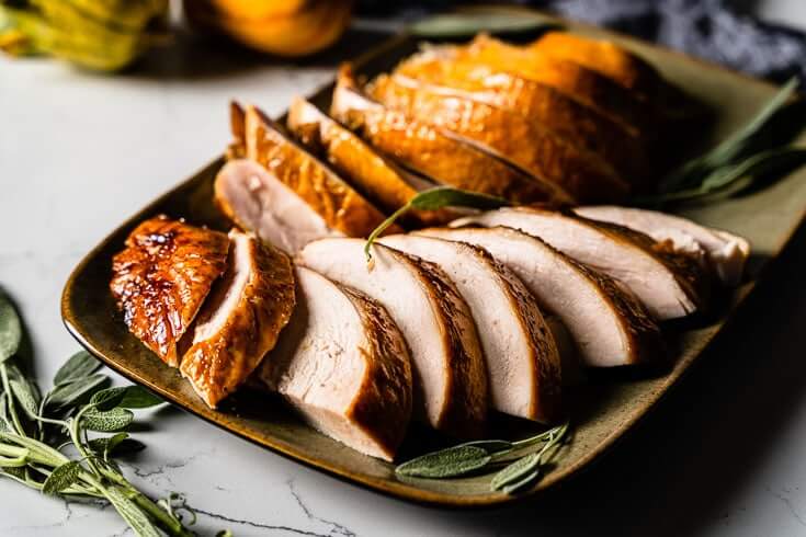 honey glazed brined turkey breast on a plate